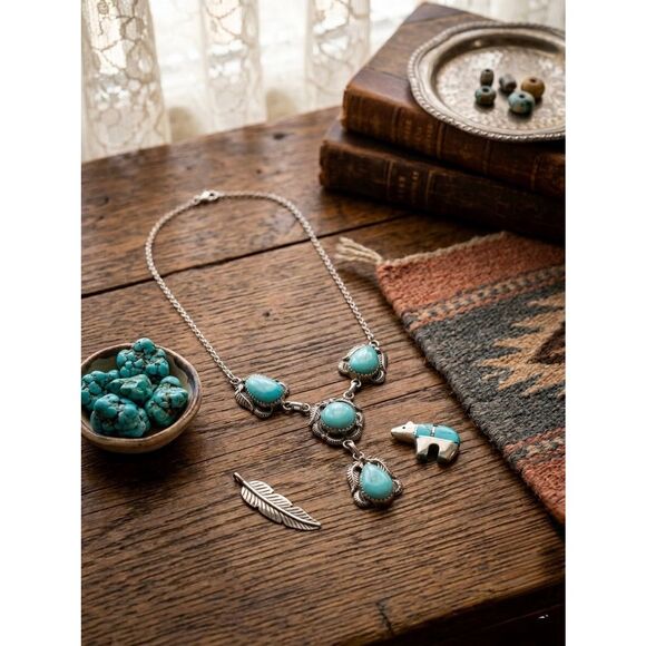 Unisex Navajo Kingman Turquoise Sterling Naja Pendant  Southwestern Kingman Turquoise Vintage Style Chain Pendant Necklace Silver New